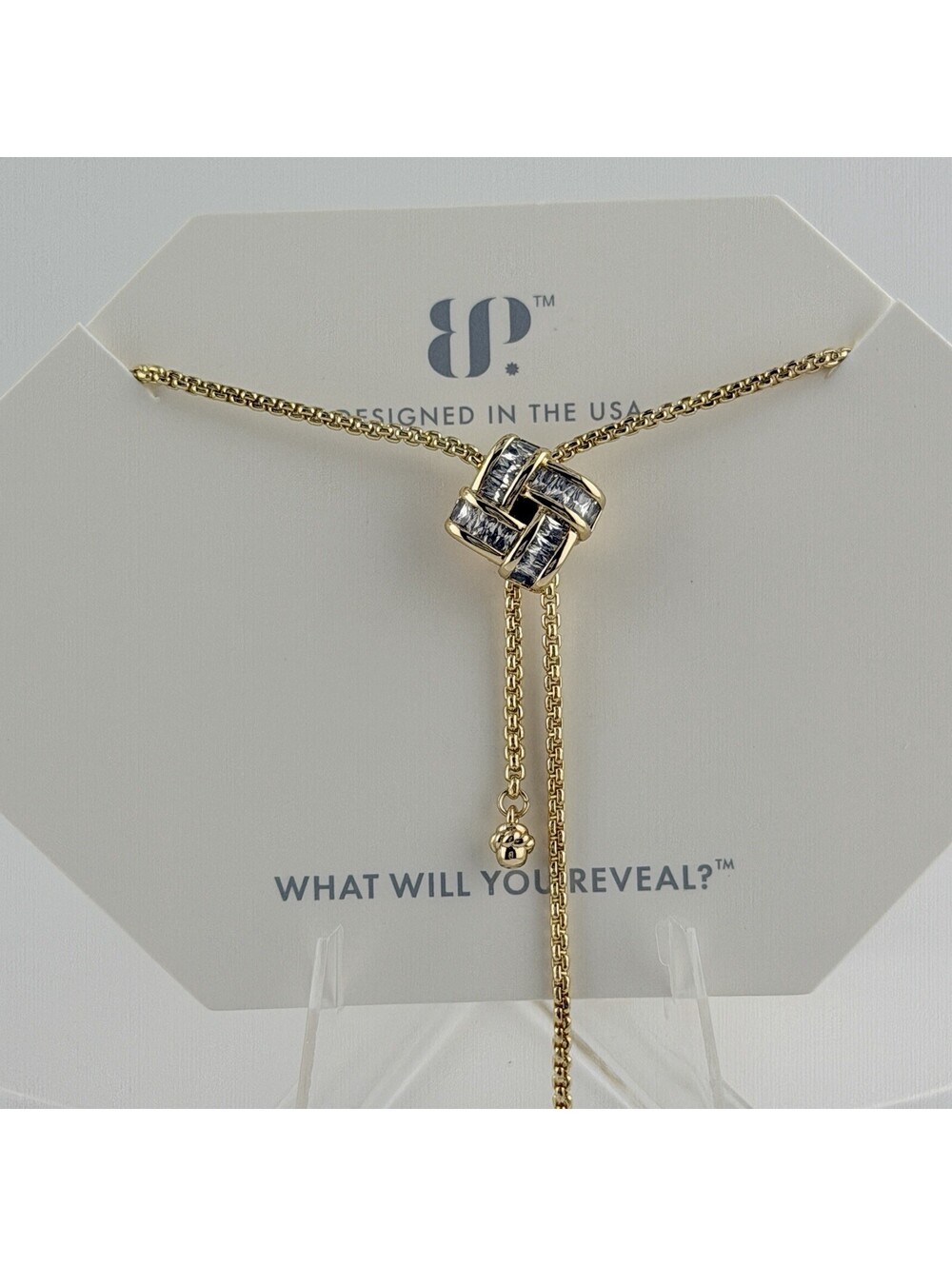 Bomb Party Necklace "Baguette Braid Sparkle" Clear Cz on Yellow Gold BOLO